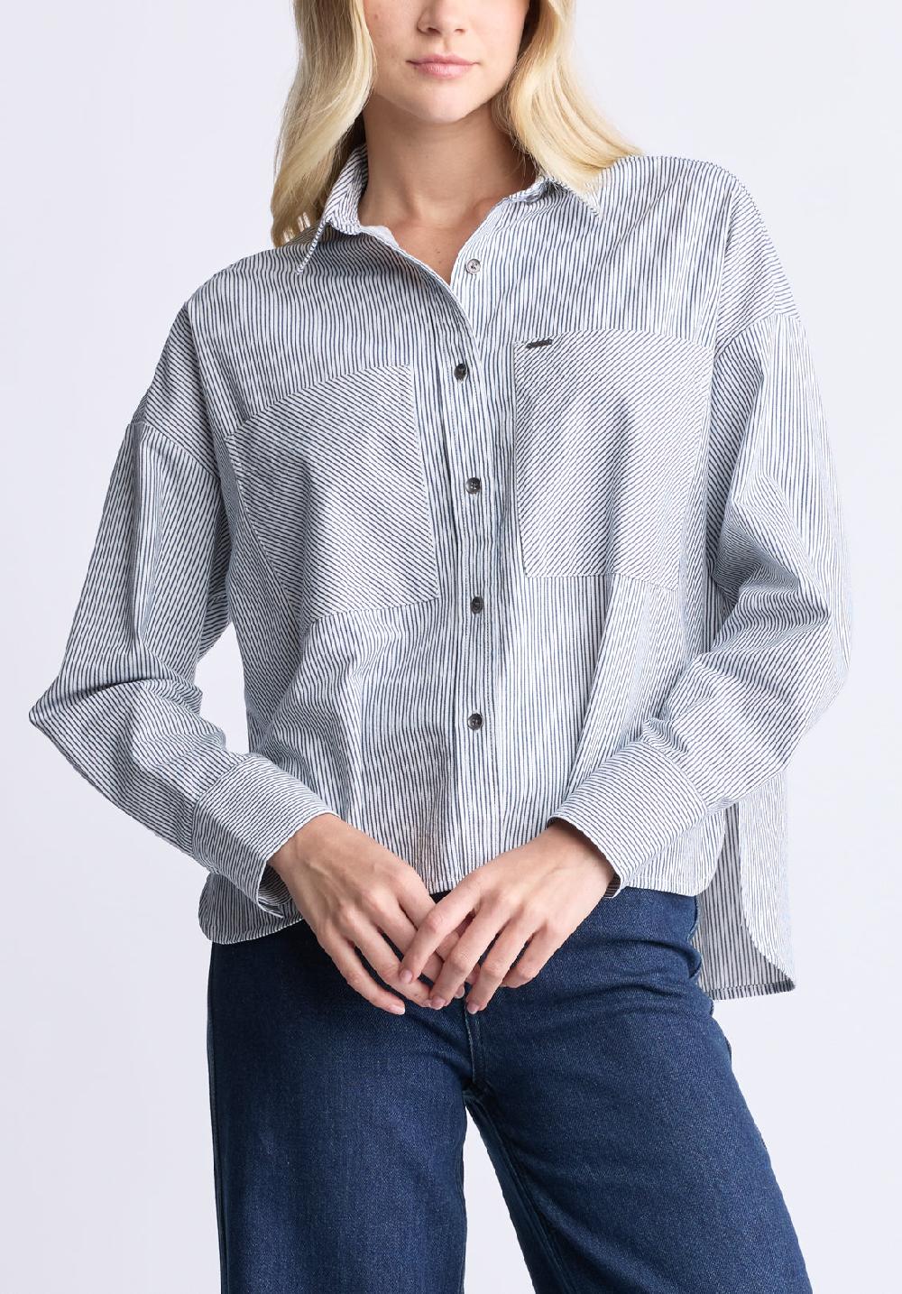 buffalo david bitton Twyla Women's Boxy Striped Button-Up Shirt Whale & white