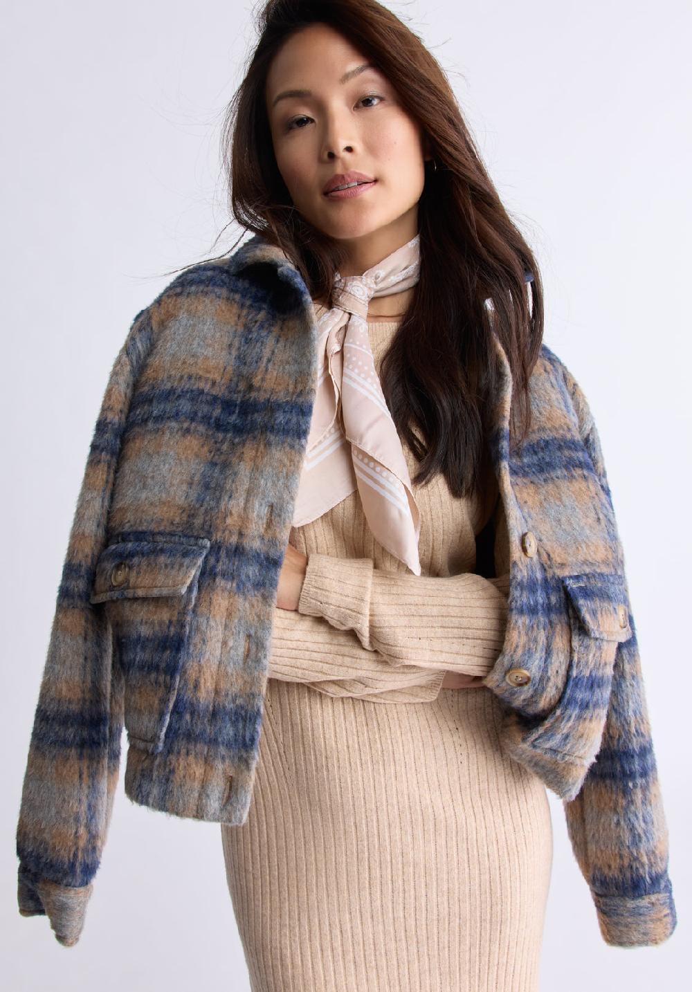 Buffalo David Bitton Veste à Carreaux Boutonnée Avec Poches Avalee Pour Femmes Gris Et Mar