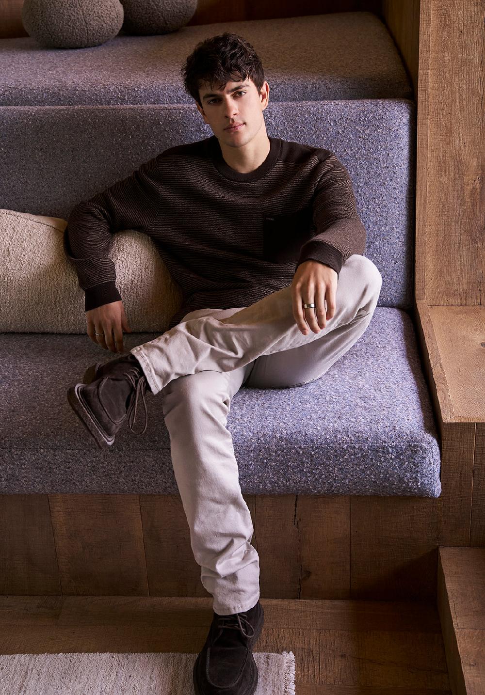 Buffalo David Bitton William Men's Striped Knit Pullover With Chest Pocket Brown