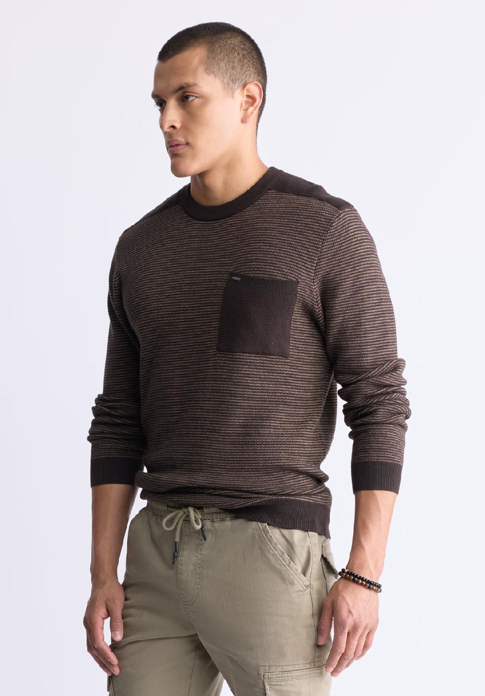 Buffalo David Bitton William Men's Striped Knit Pullover With Chest Pocket Brown
