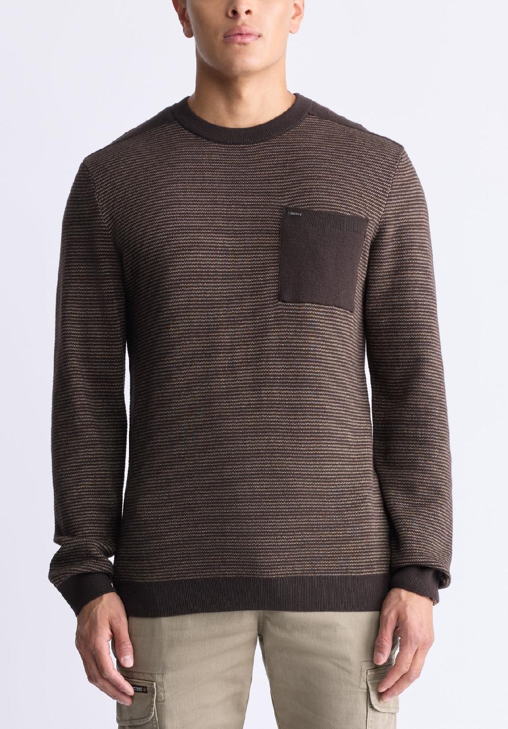 buffalo david bitton William Men's Striped Knit Pullover with Chest Pocket Brown