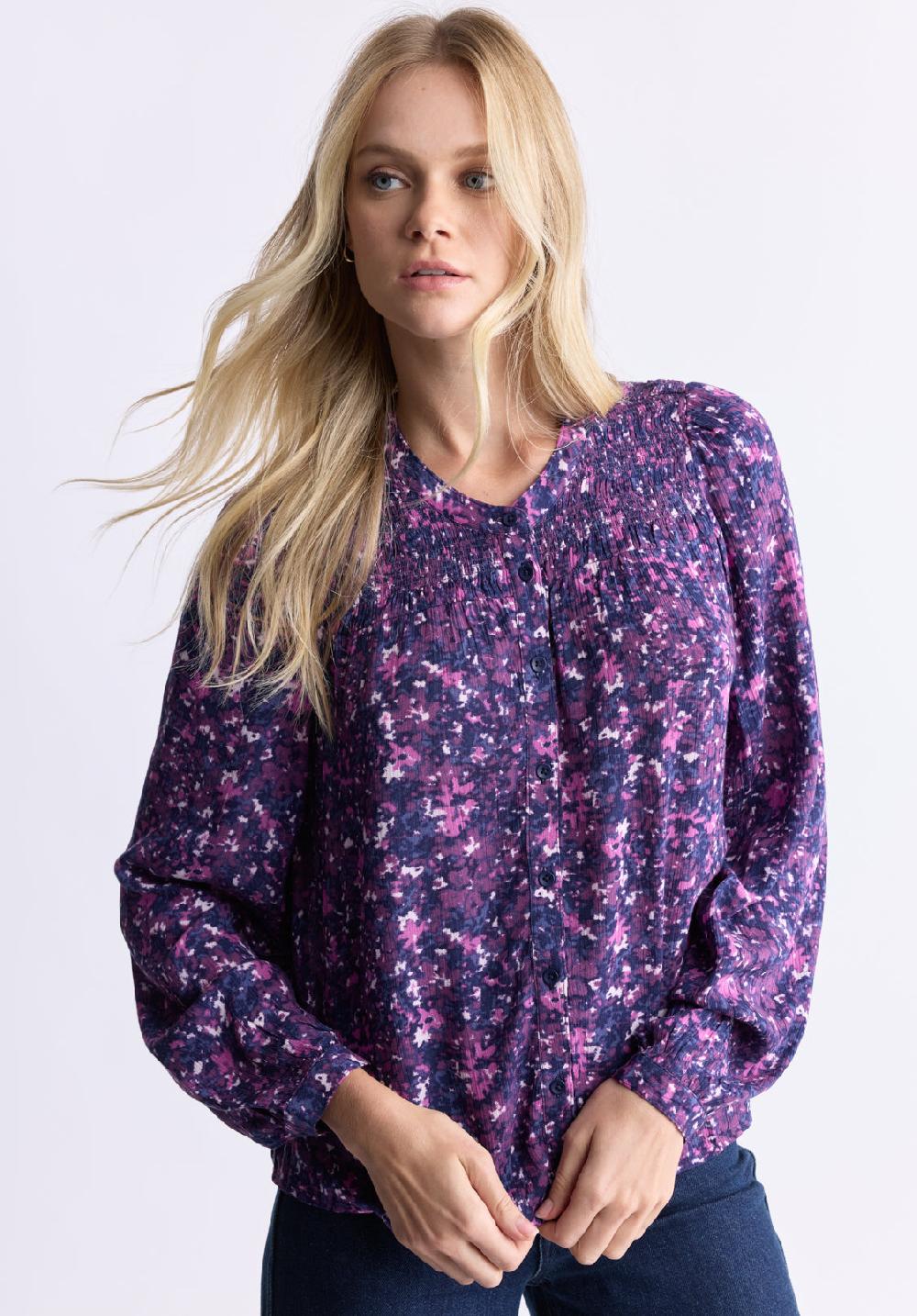 Buffalo David Bitton Zosia Women's Floral Print Smocked Blouse Purple