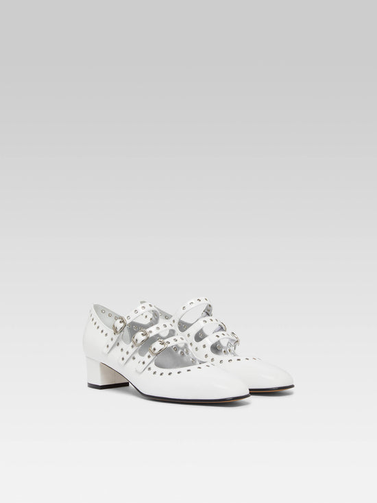 Carel Camden - Escarpins Babies Cuir Verni Blanc Upcyclé à Oeillets – Carel Paris
