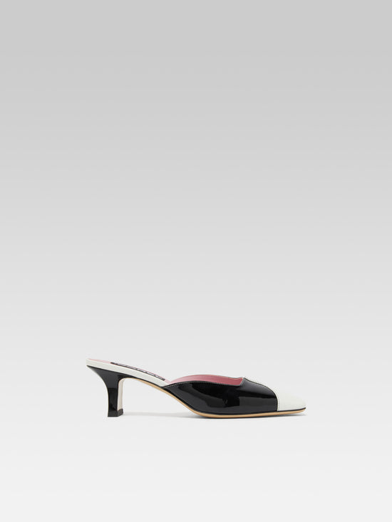carel Isa - Mules à talons cuir verni noir et blanc