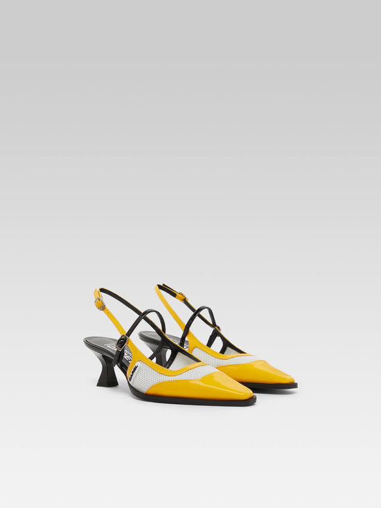 Carel Cecile - Escarpins Slingback Cuir Verni Jaune Et Noir