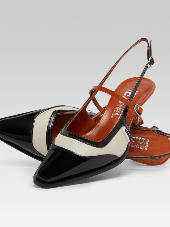 Carel Cecile - Escarpins Slingback Cuir Verni Noir Et Camel Et Cuir Beige