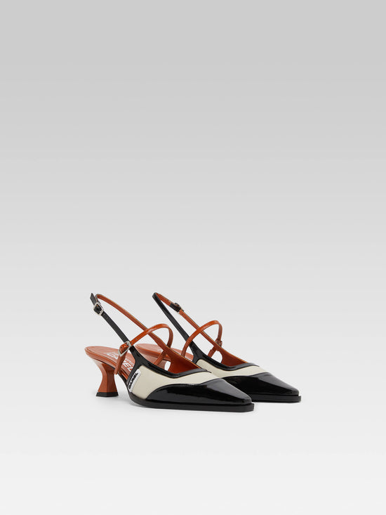 Carel Cecile - Escarpins Slingback Cuir Verni Noir Et Camel Et Cuir Beige