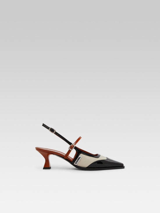carel Cecile - Escarpins slingback cuir verni noir et camel et cuir beige