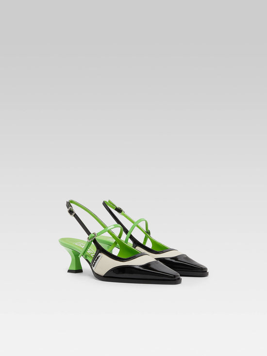 Carel Cecile - Escarpins Slingback Cuir Verni Vert Et Noir