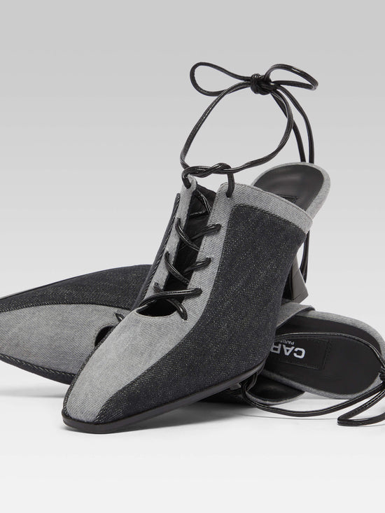 Carel Corset - Mules à Talon Lacets Tissu Bi-jean Gris