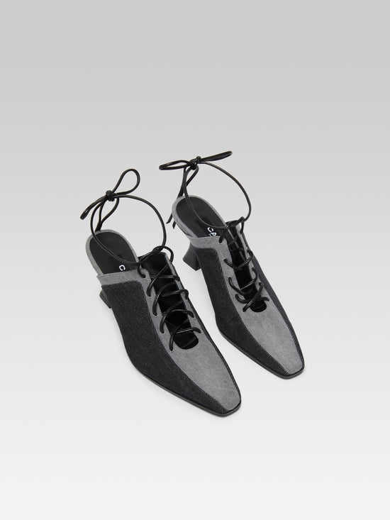 Carel Corset - Mules à Talon Lacets Tissu Bi-jean Gris