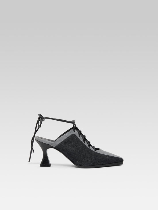carel Corset - Mules à talon lacets tissu bi-jean gris