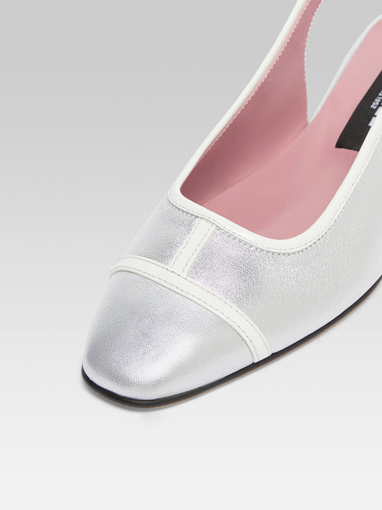 Carel Elisa - Ballerines Slingback Cuir Laminé Argent Et Verni Blanc