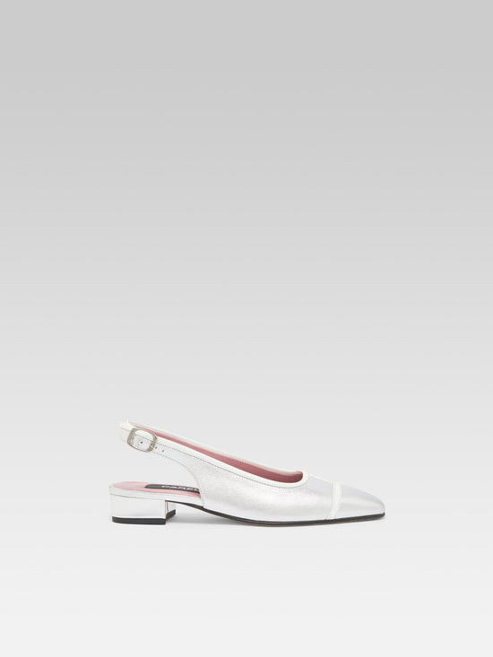 carel Elisa - Ballerines slingback cuir laminé argent et verni blanc