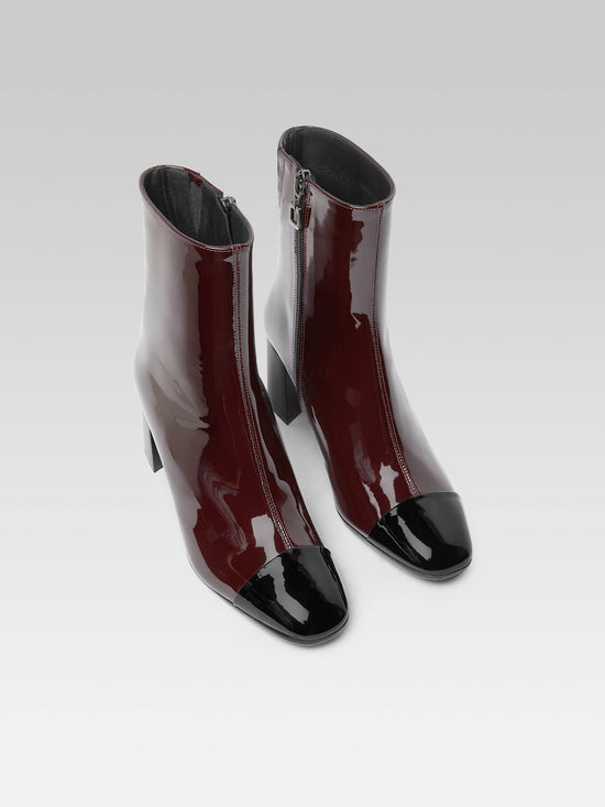 Carel Esprit - Bottines Cuir Verni Bordeaux Foncé Et Noir