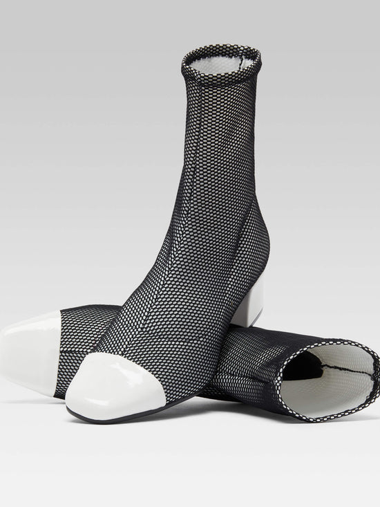 Carel Estime - Bottines Tissu Stretch Optique Noir Et Blanc Et Cuir Verni Blanc