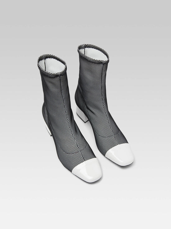 Carel Estime - Bottines Tissu Stretch Optique Noir Et Blanc Et Cuir Verni Blanc