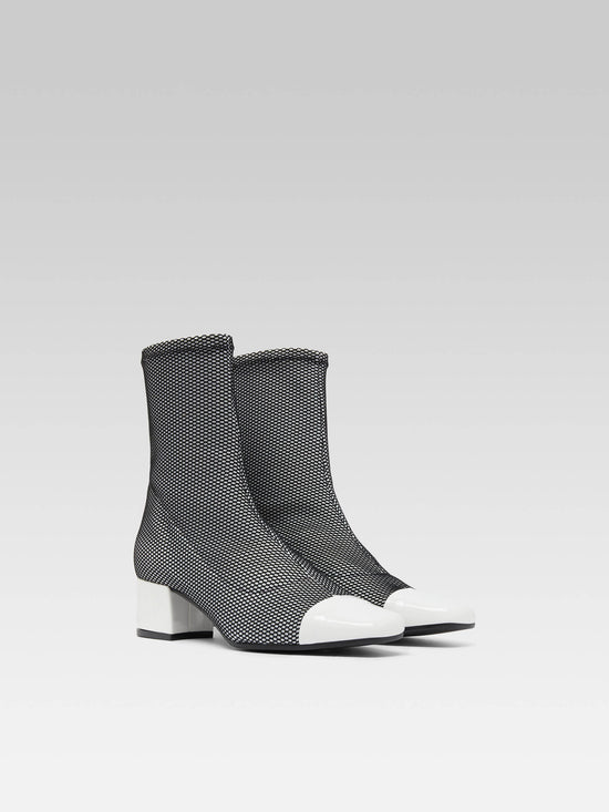 Carel Estime - Bottines Tissu Stretch Optique Noir Et Blanc Et Cuir Verni Blanc