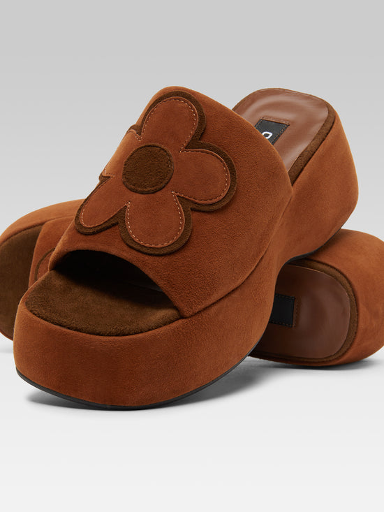 Carel Flower - Mules à Plateforme Bicolores Cuir Velours Upcyclé Cognac