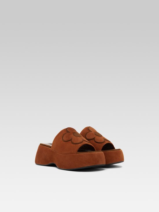 Carel Flower - Mules à Plateforme Bicolores Cuir Velours Upcyclé Cognac