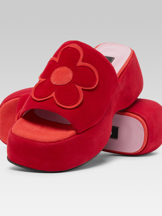 Carel Flower - Mules à Plateforme Bicolores Cuir Velours Upcyclé Coquelicot
