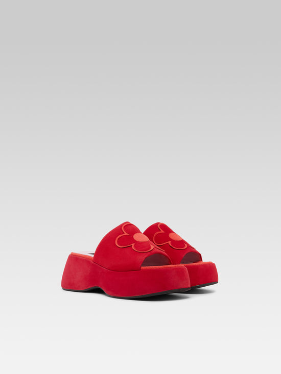 Carel Flower - Mules à Plateforme Bicolores Cuir Velours Upcyclé Coquelicot