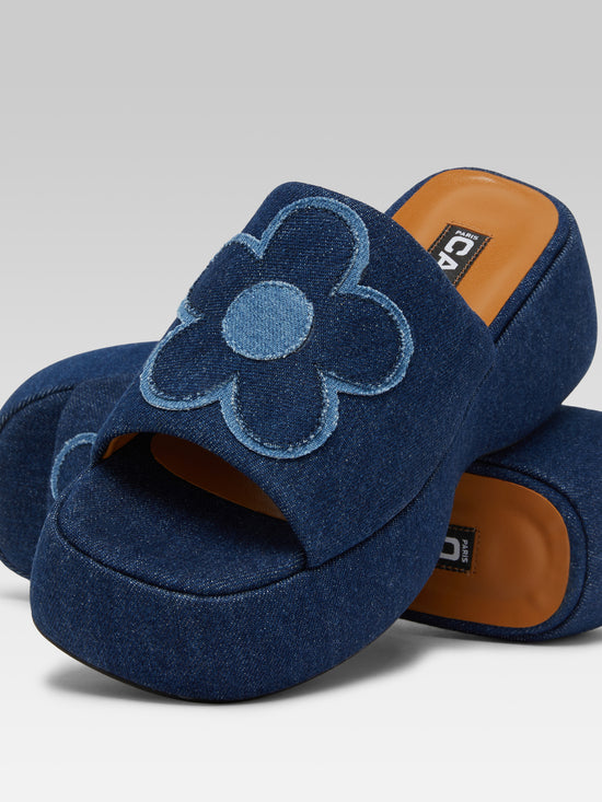 Carel Flower - Mules à Plateforme Bicolores Tissu Jean Bleu