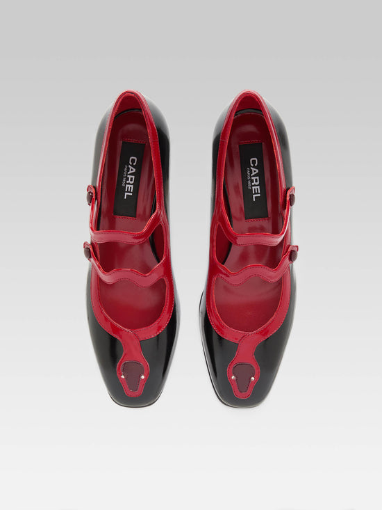 Carel Kina - Escarpins Babies Cuir Verni Noir Et Rouge Serpent