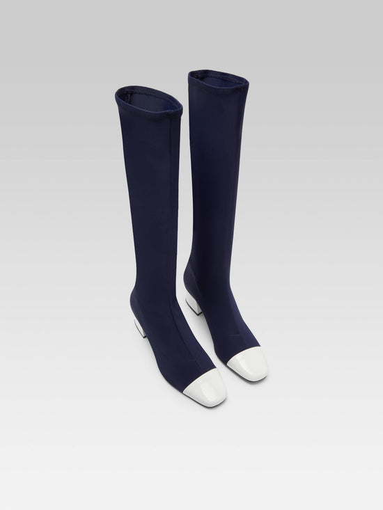 Carel Malaga - Bottes Tissu Stretch Bleu Et Cuir Verni Blanc
