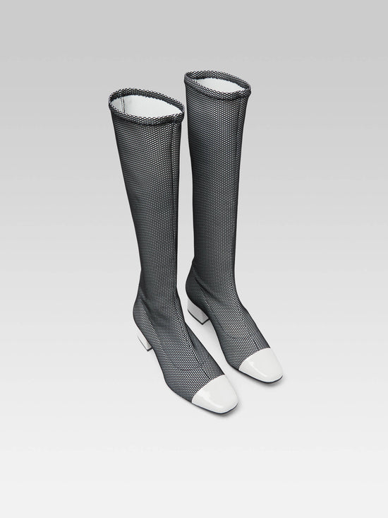 Carel Malaga - Bottes Tissu Stretch Optique Noir Et Blanc Et Cuir Verni Blanc