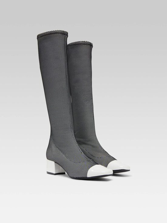 Carel Malaga - Bottes Tissu Stretch Optique Noir Et Blanc Et Cuir Verni Blanc