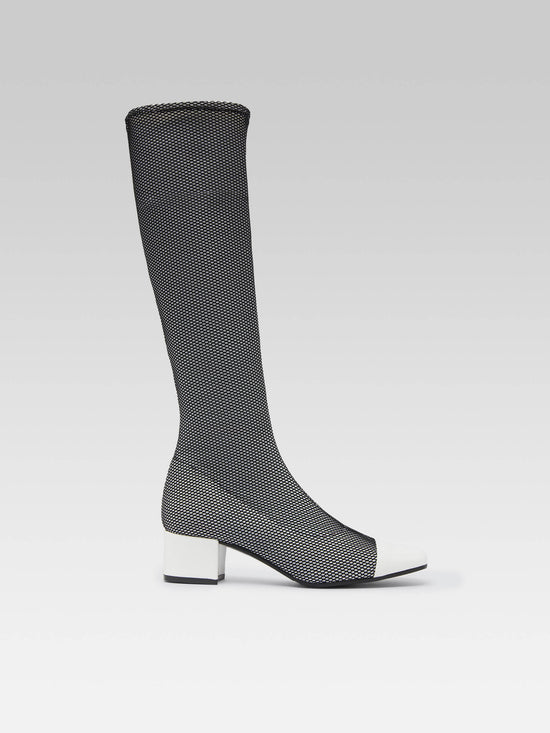 carel Malaga - Bottes tissu stretch optique noir et blanc et cuir verni blanc