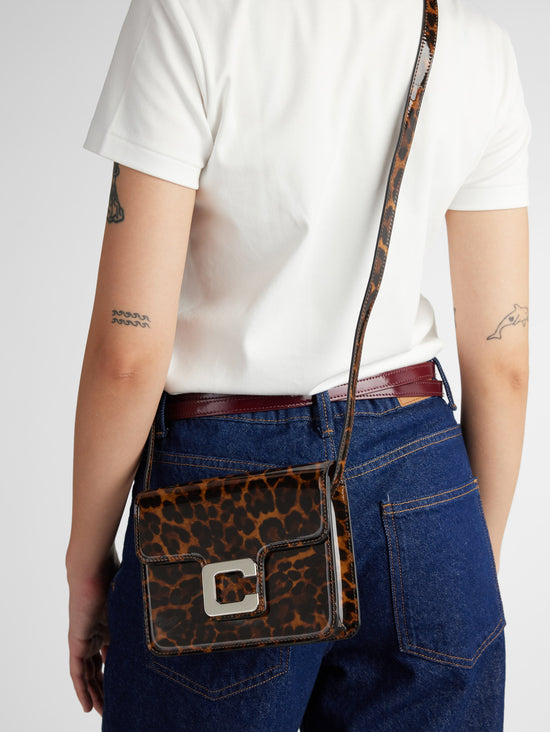 Carel Mini Sorbonne - Sac à Bandoulière Cuir Verni Imprimé Léopard Marron