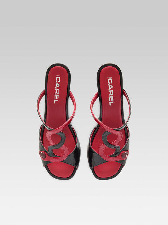 Carel Naja - Mules à Talon Serpent Cuir Verni Noir Et Rouge