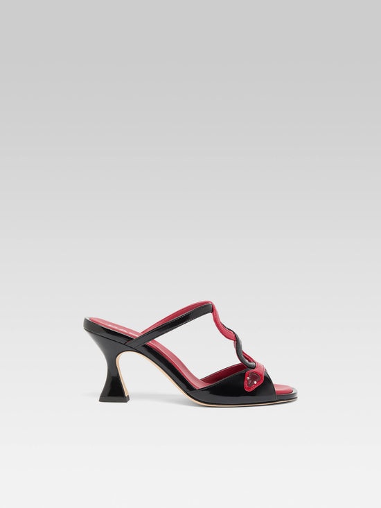 carel Naja - Mules à talon serpent cuir verni noir et rouge