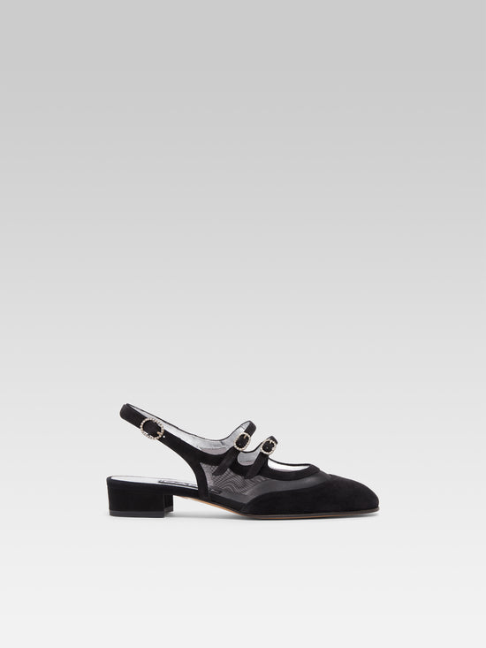 carel Peche night - Babies slingback cuir velours noir résille et boucles strass