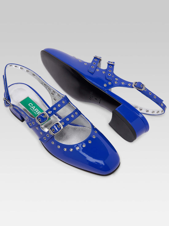 Carel Queen - Babies Slingback Cuir Verni Bleu éléctrique Upcyclé à Oeillets – Carel Paris