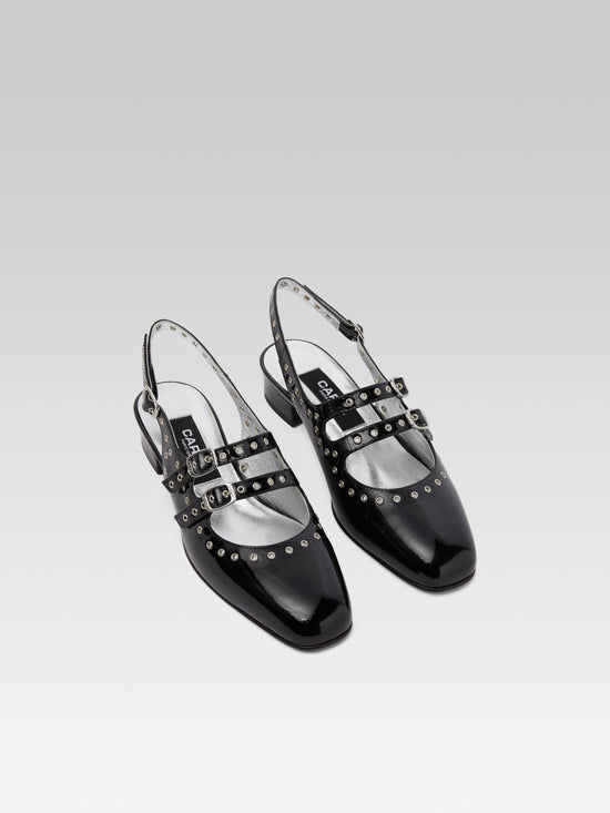 Carel Queen - Babies Slingback Cuir Verni Noir à Oeillets