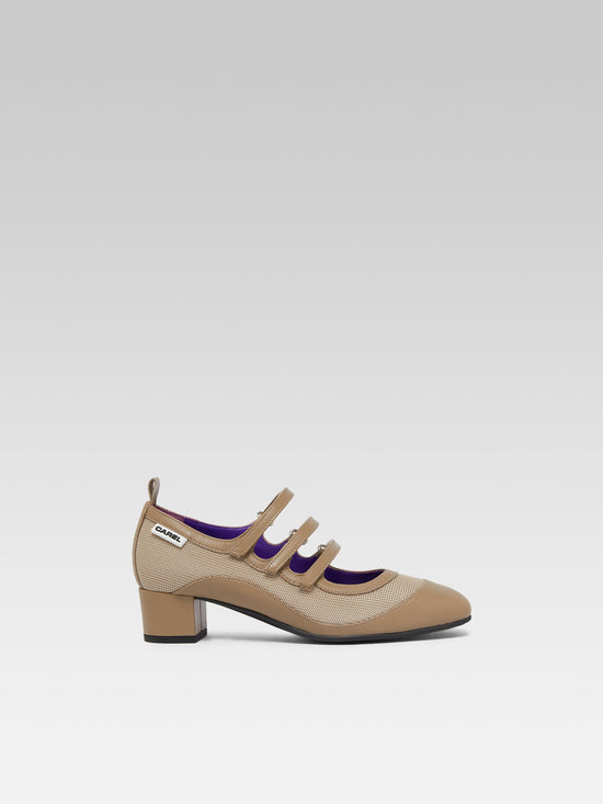 carel Sportina - Escarpins babies résille et cuir upcyclé beige