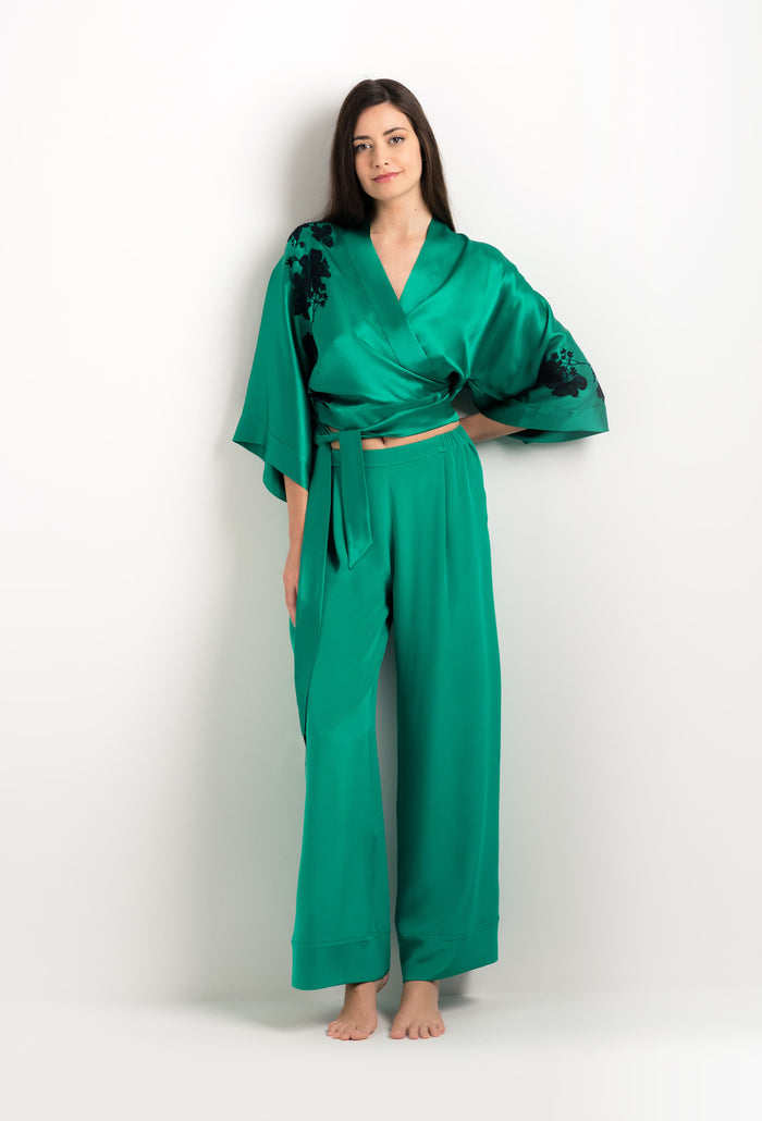 Carine Gilson Cache Cœur En Soie Vert Jade Et Dentelle Sakura Noire