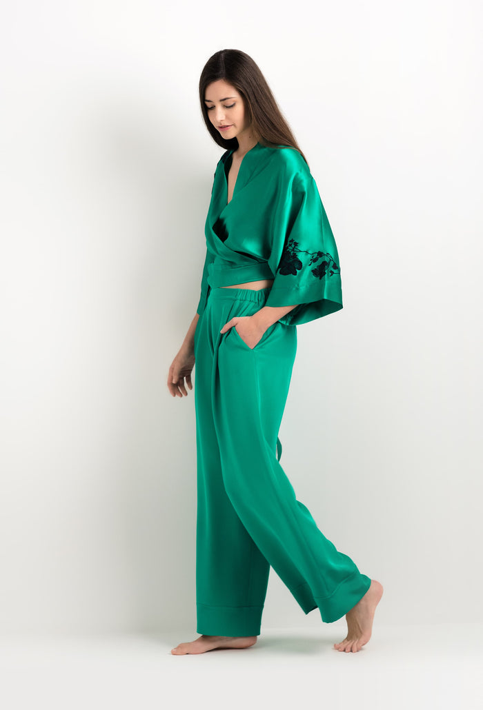 Carine Gilson Cache Cœur En Soie Vert Jade Et Dentelle Sakura Noire