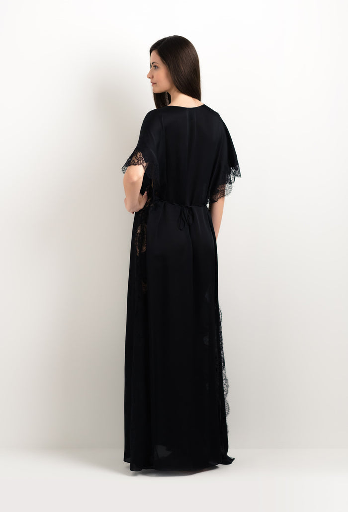 Carine Gilson Caftan En Soie Noire Et Dentelle Sonia Noire