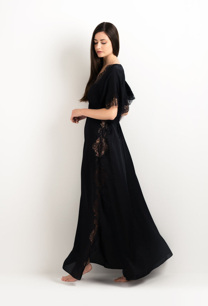 Carine Gilson Caftan En Soie Noire Et Dentelle Sonia Noire