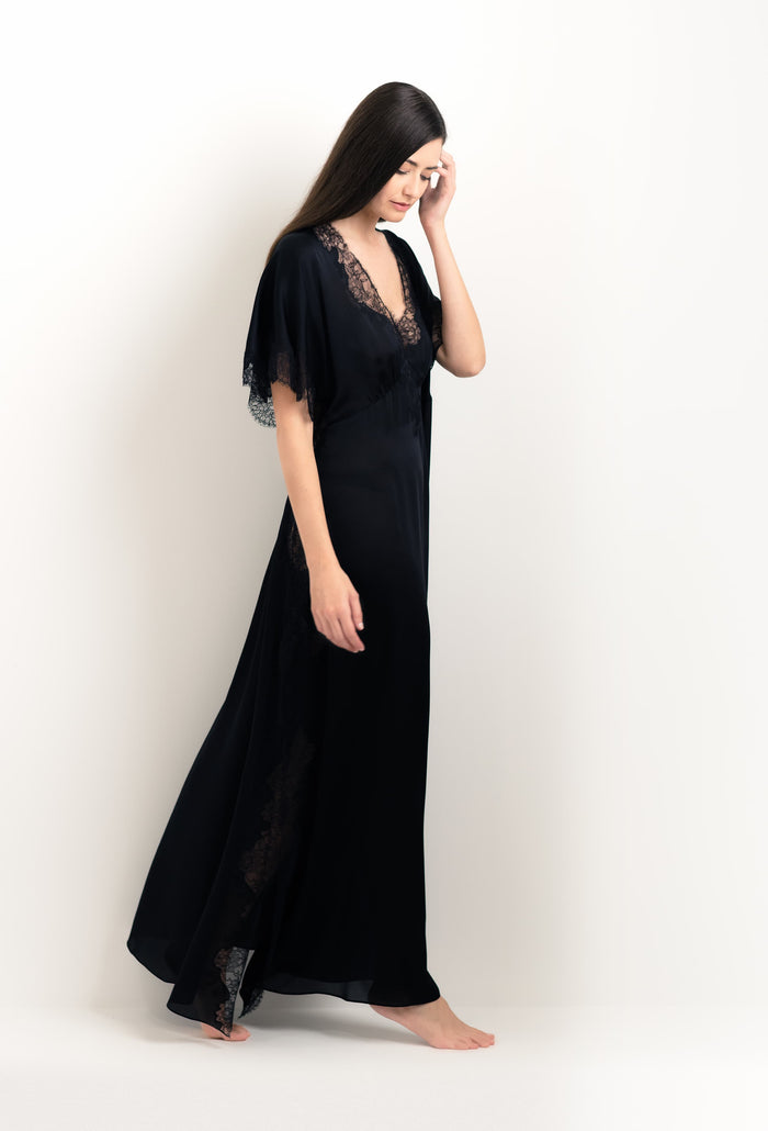 Carine Gilson Caftan En Soie Noire Et Dentelle Sonia Noire