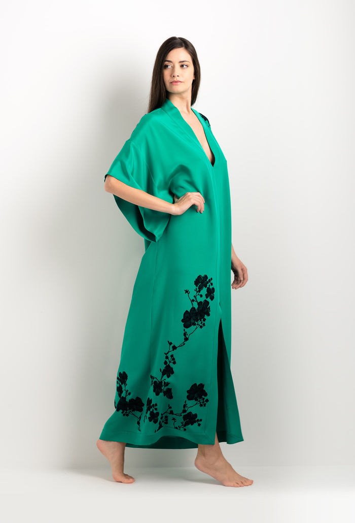 Carine Gilson Caftan En Soie Vert Jade Et Dentelle Sakura Noire