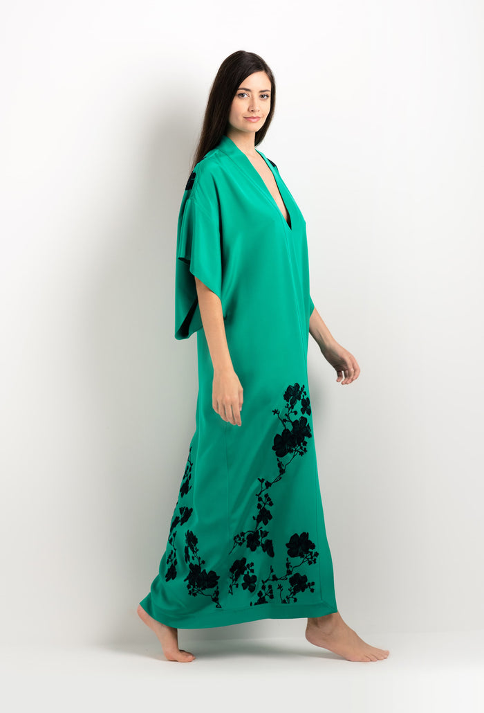 Carine Gilson Caftan En Soie Vert Jade Et Dentelle Sakura Noire