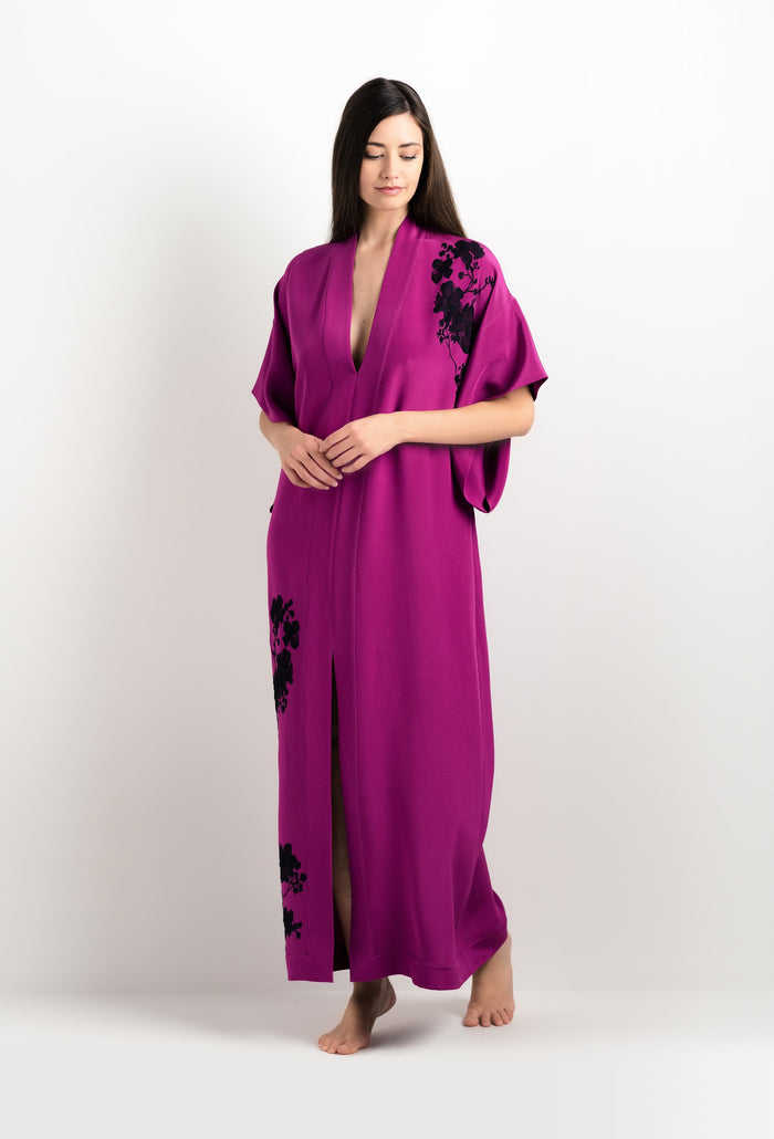 Carine Gilson Caftan En Soie Violine Et Dentelle Sakura Noire