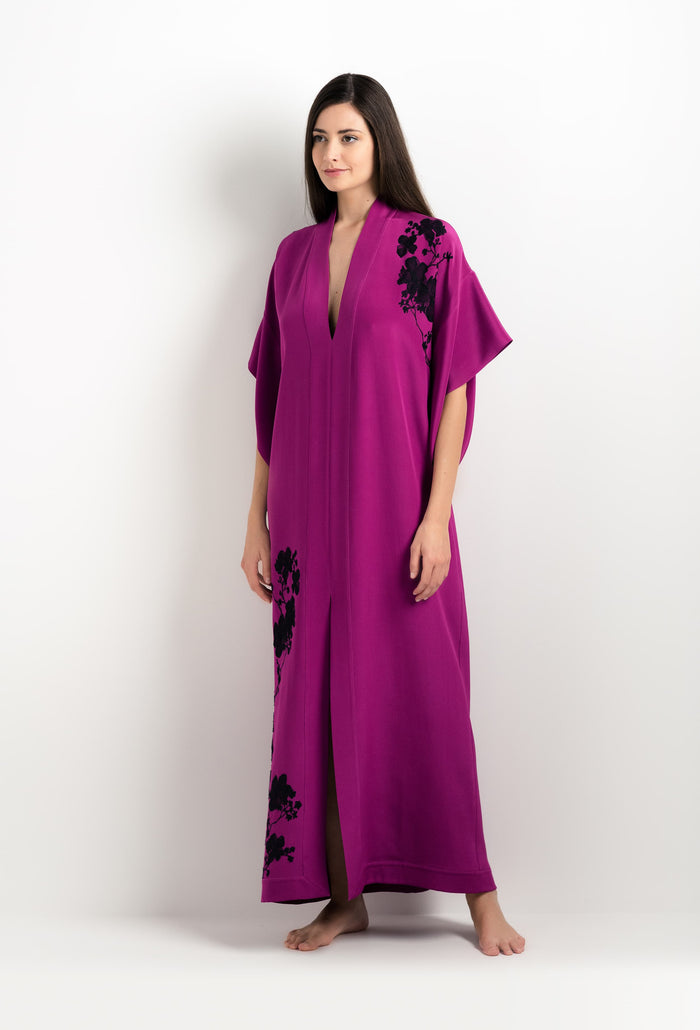 Carine Gilson Caftan En Soie Violine Et Dentelle Sakura Noire