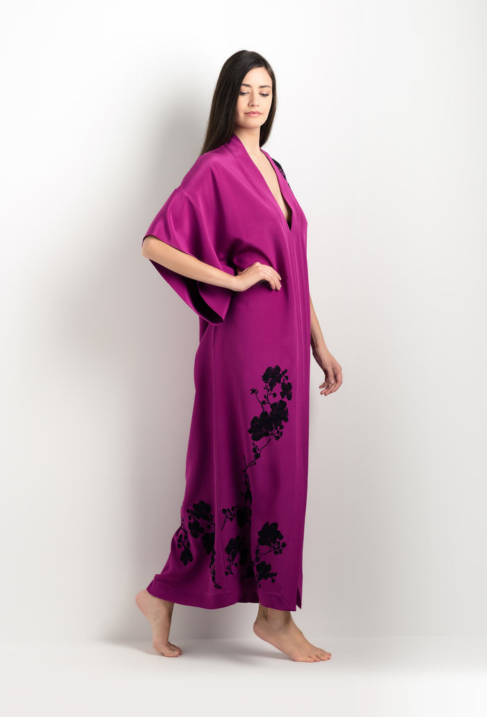 Carine Gilson Caftan En Soie Violine Et Dentelle Sakura Noire