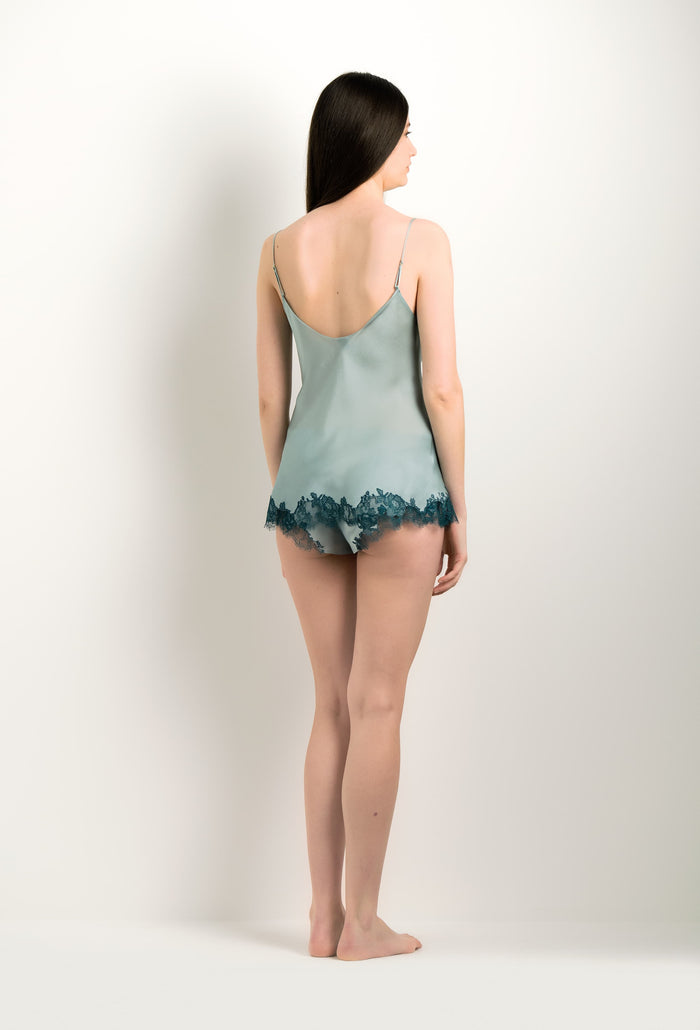 Carine Gilson Caraco En Soie - Dentelle De Caudry Bleu Grisé Et Emeraude